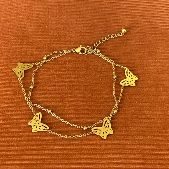 Vintage Jewelry - Gold Toned double-strand Butterfly Anklet